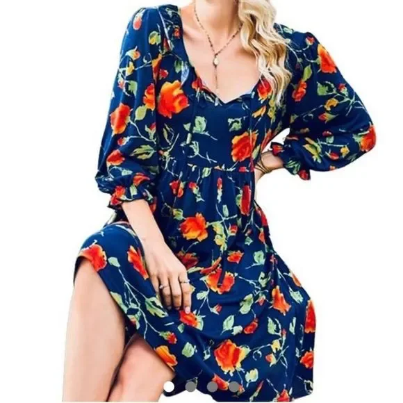 NEW Navy And Red Floral Dress With Ruffle & Empire Waist  - Size L - Picture 4 of 4